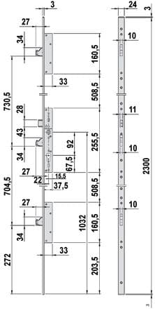 Réf. 002300 - Serrure têtière plate 3 points Multiblindo à pênes basculants